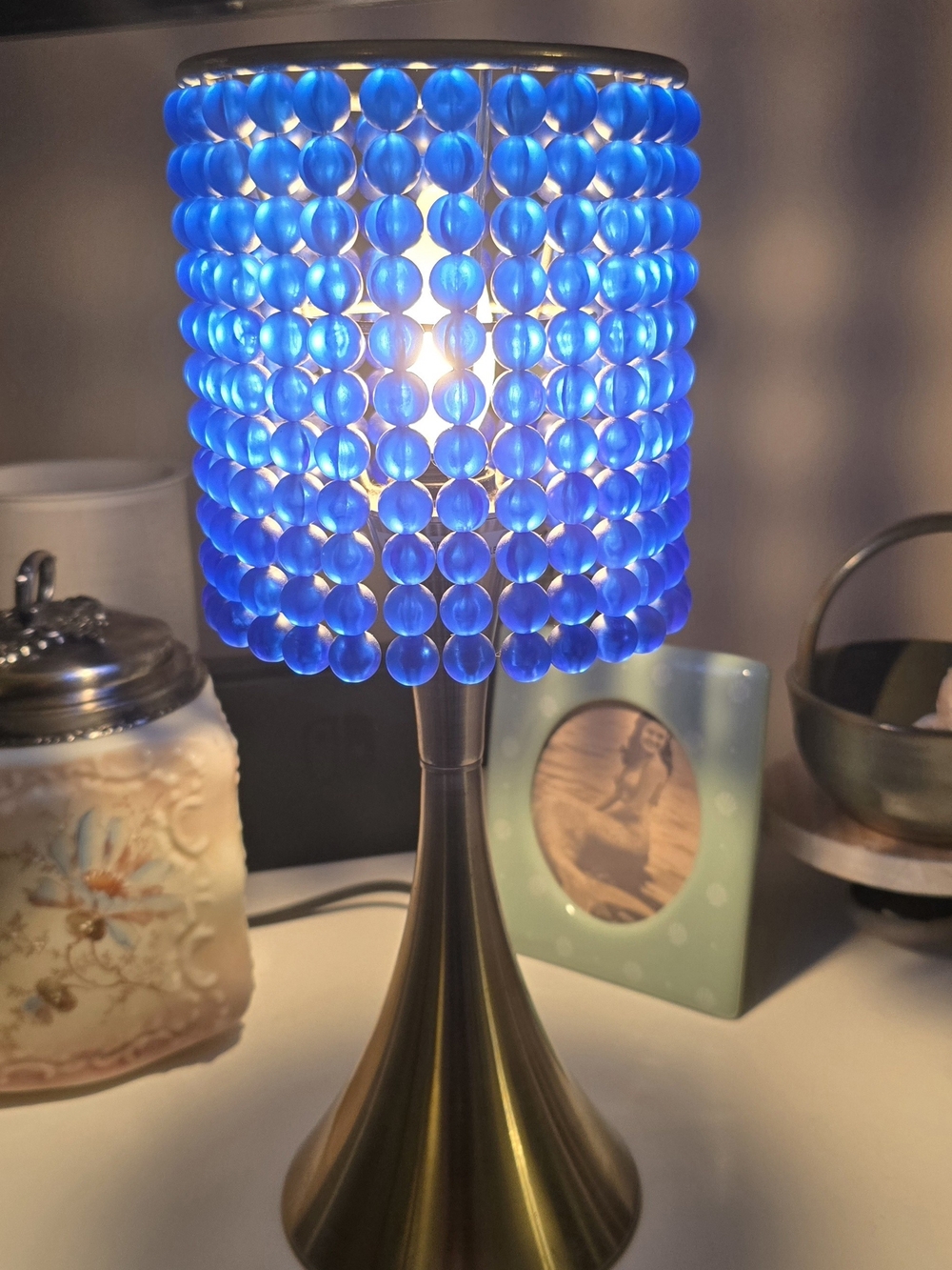 Y2K Vintage Frosted Blue Beaded Accent Table Lamp - Boho/Retro